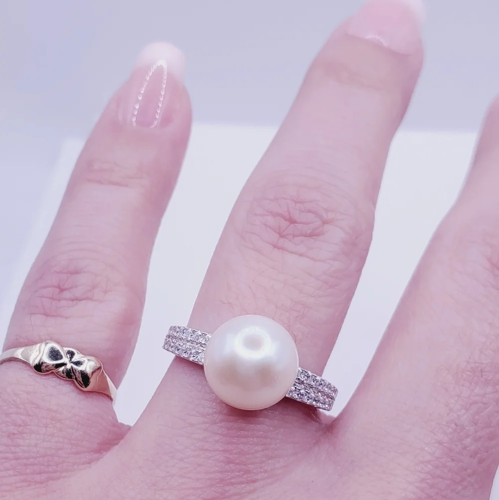 Akoya Cream Pearl & Simulated Pave Diamond Platinum | 925 Sterling Silver Ring